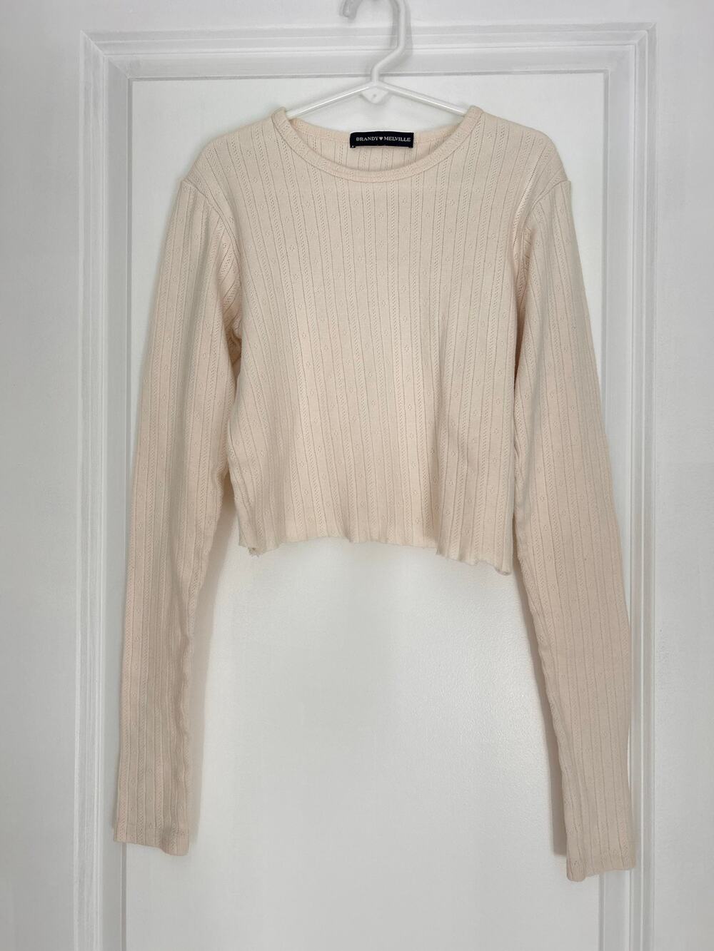Brandy Melville Crop Top Cream Ribbed Long Sleeve One Size